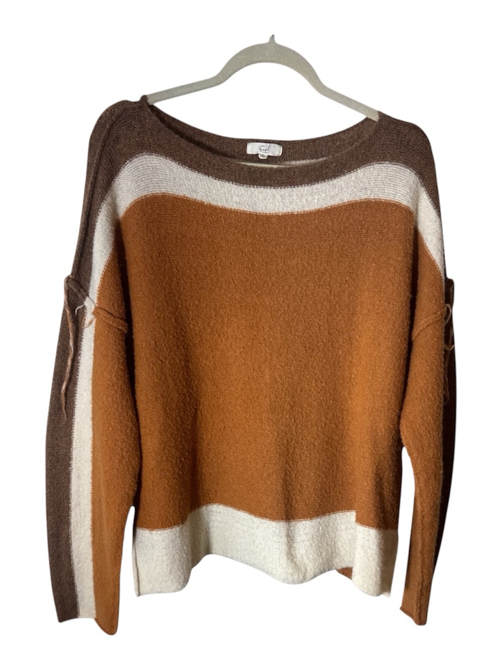 Easel Brown & Cream Striped  Soft String Detailed Women’s Sweater - Size Small
